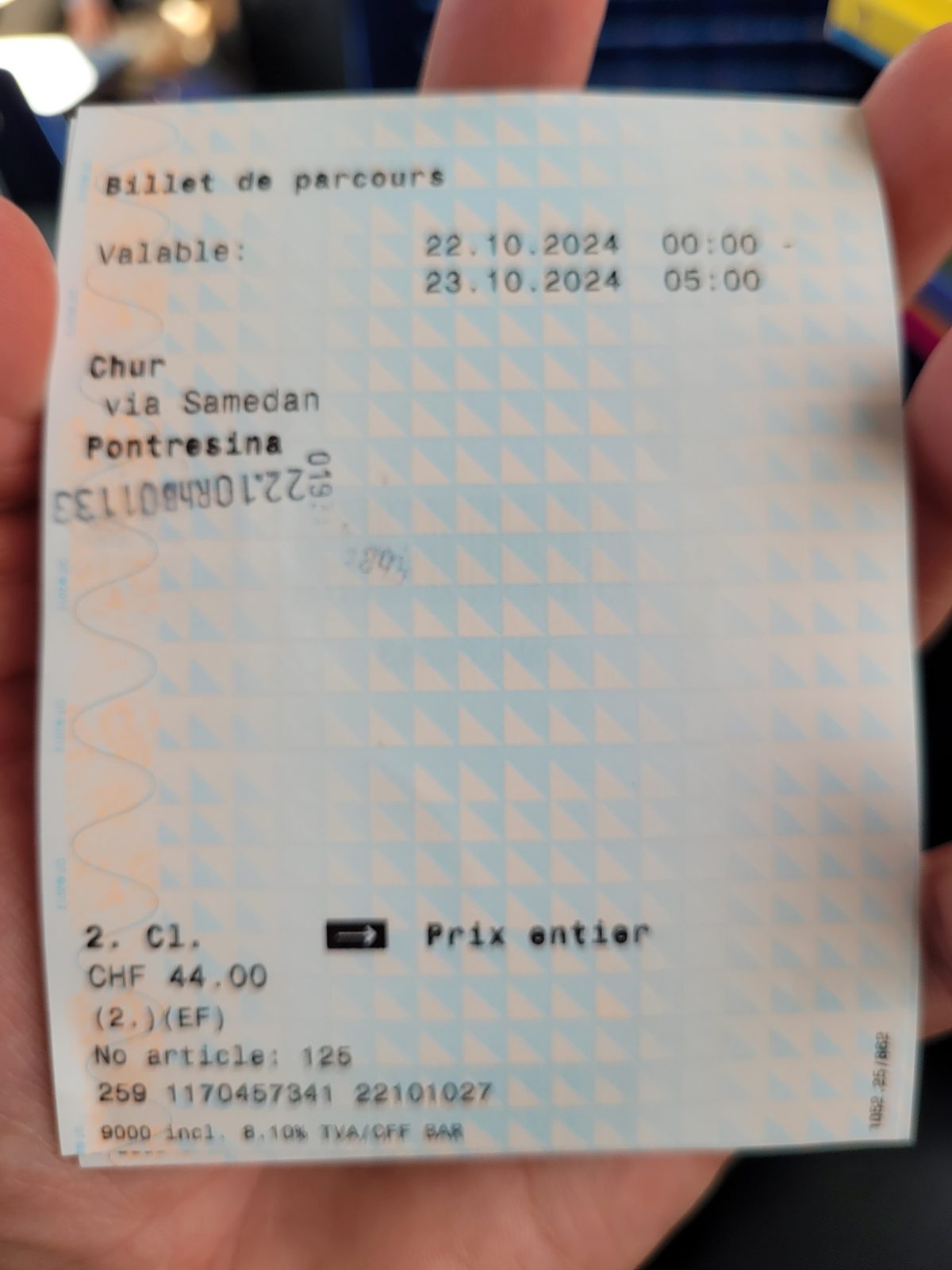 Notre billet Coire – Pontresina via Samedan : 44 CHF en seconde classe