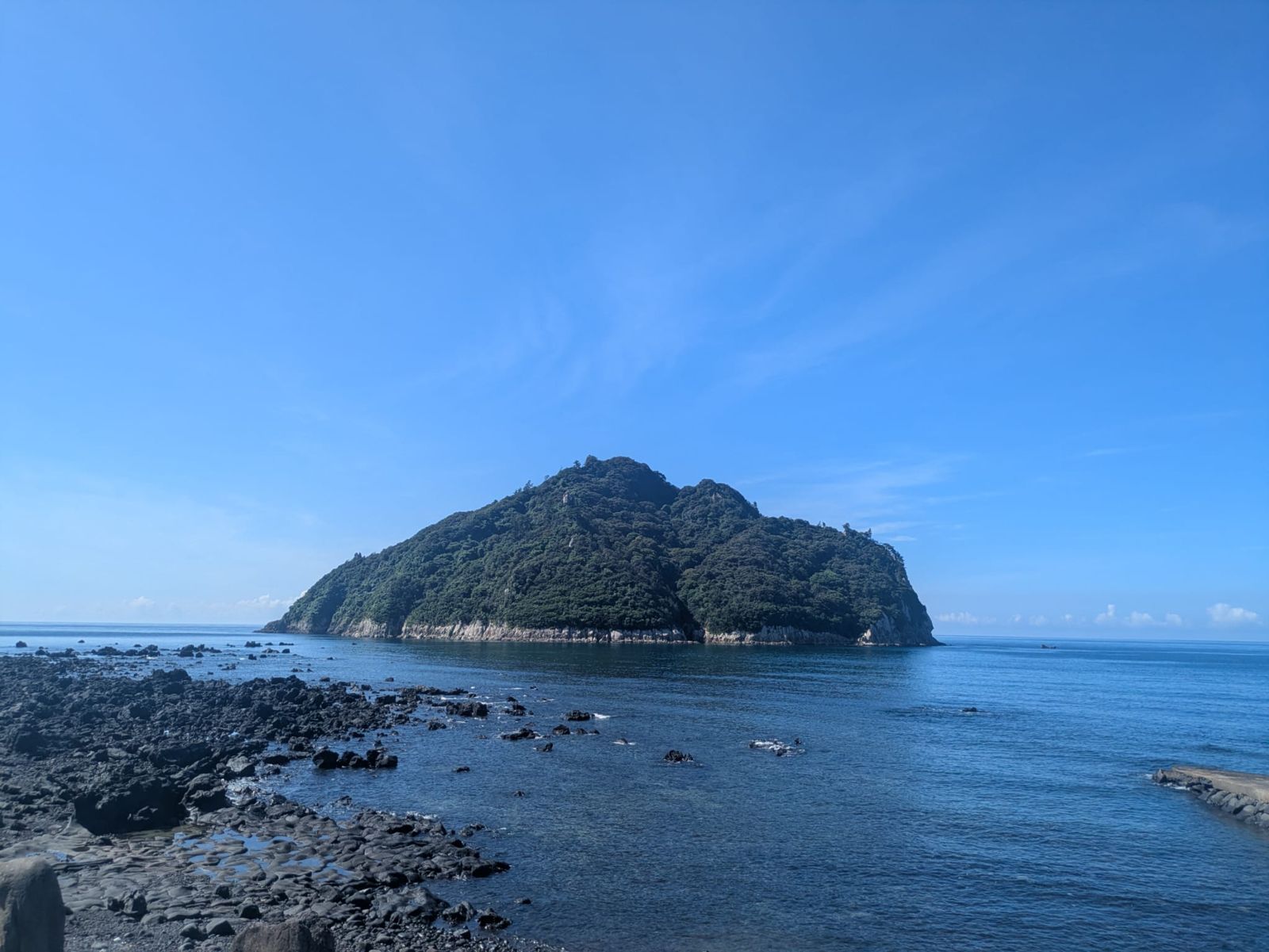 Vue panoramique d'une île verdoyante émergeant de la mer, sous un ciel bleu dégagé.