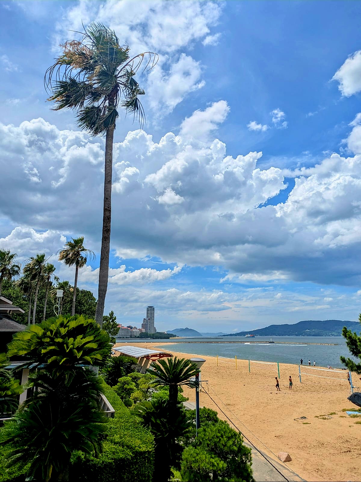 Vue sur une plage sous un ciel partiellement nuageux, avec des palmiers en premier plan et un bâtiment élevé en arrière-plan, à Fukuoka, Japon.