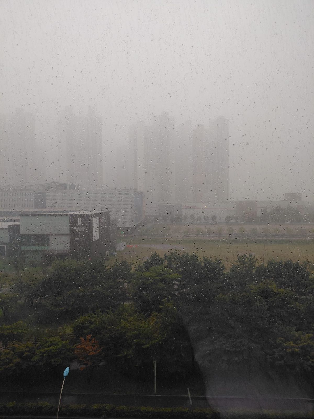 Vue nébuleuse d'un paysage urbain sous une pluie intense, avec des immeubles en arrière-plan flous, vus à travers une fenêtre mouillée.