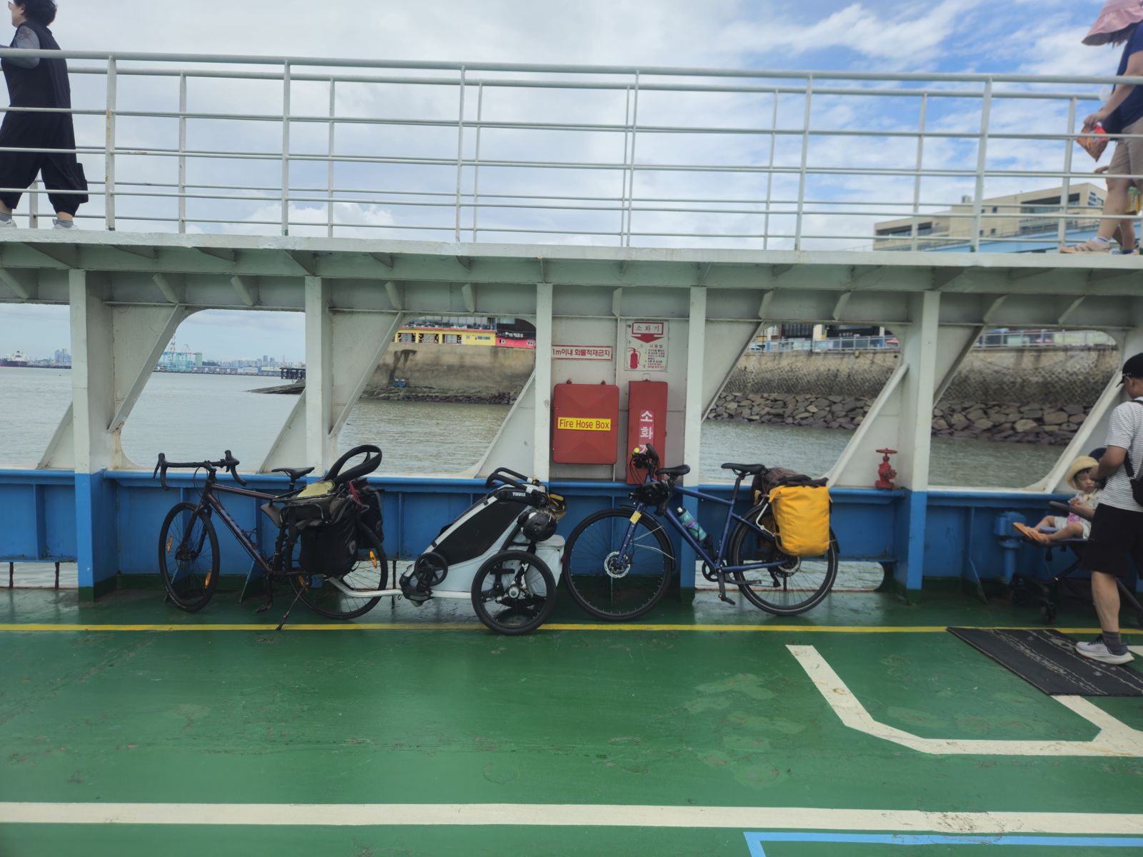Deux vélos stationnés sur le pont d'un ferry, avec un paysage marin en arrière-plan.