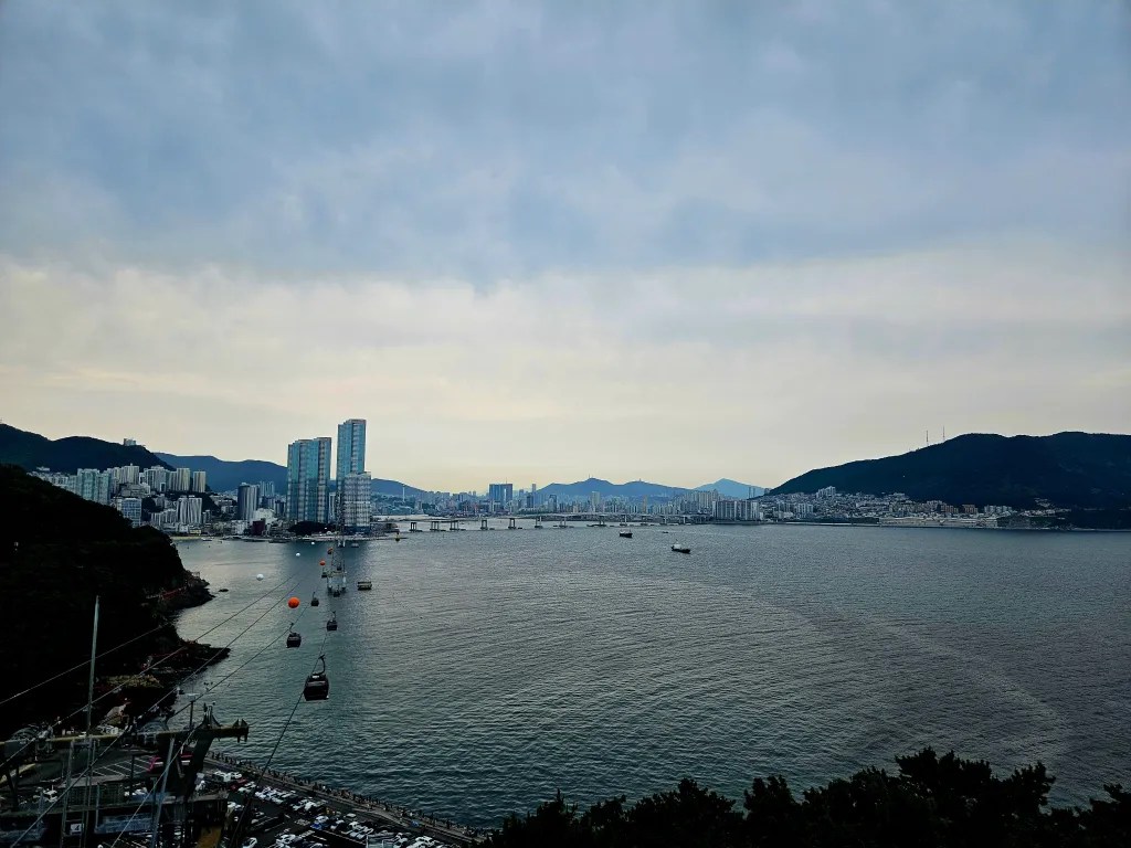 Vue panoramique sur Busan depuis un parc, avec des gratte-ciels et des montagnes en arrière-plan.