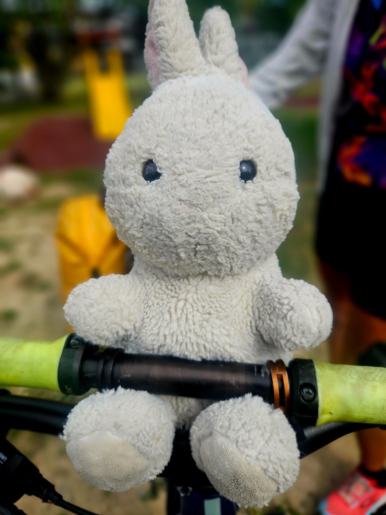 Un jouet en peluche de lapin blanc assis sur le guidon d'un vélo, avec un arrière-plan flou d'une aire de jeux.