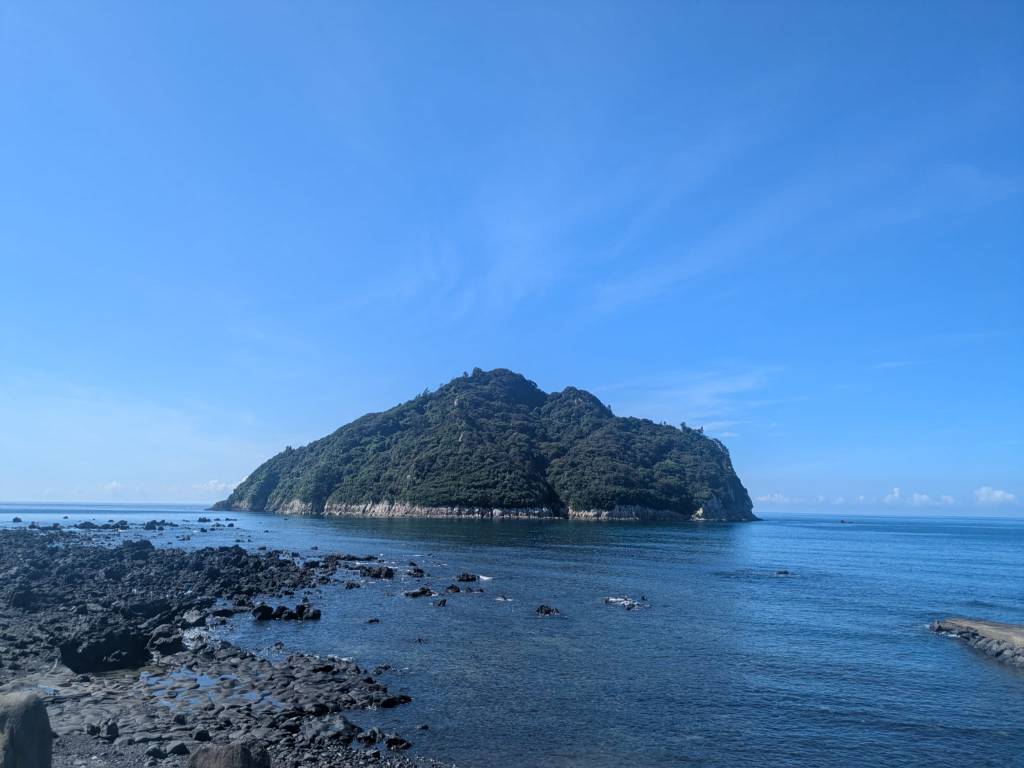 Vue panoramique d'une île verdoyante émergeant de la mer, sous un ciel bleu dégagé.